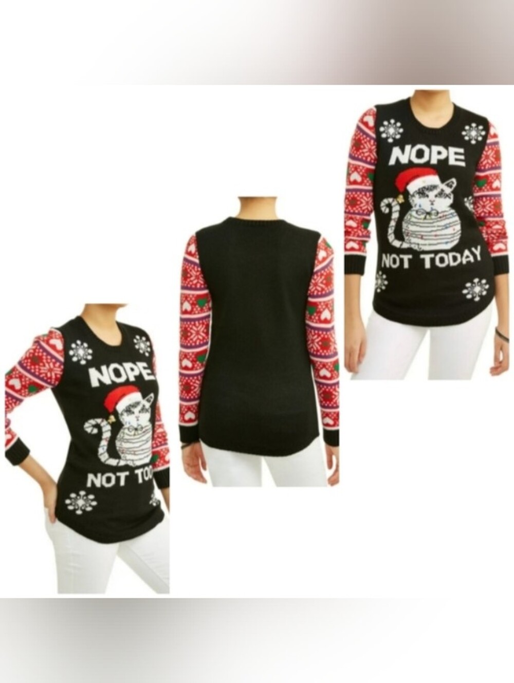 No Boundaries Light Up Cat Ugly Christmas Sweater NOPE NOT TODAY Black Large Jr